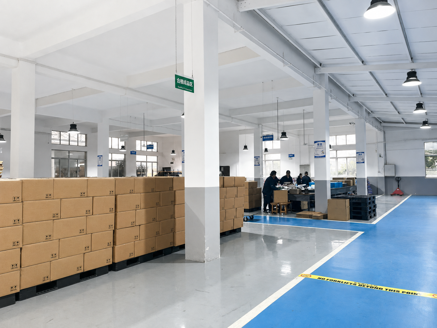 Finished goods staging area inside the factory